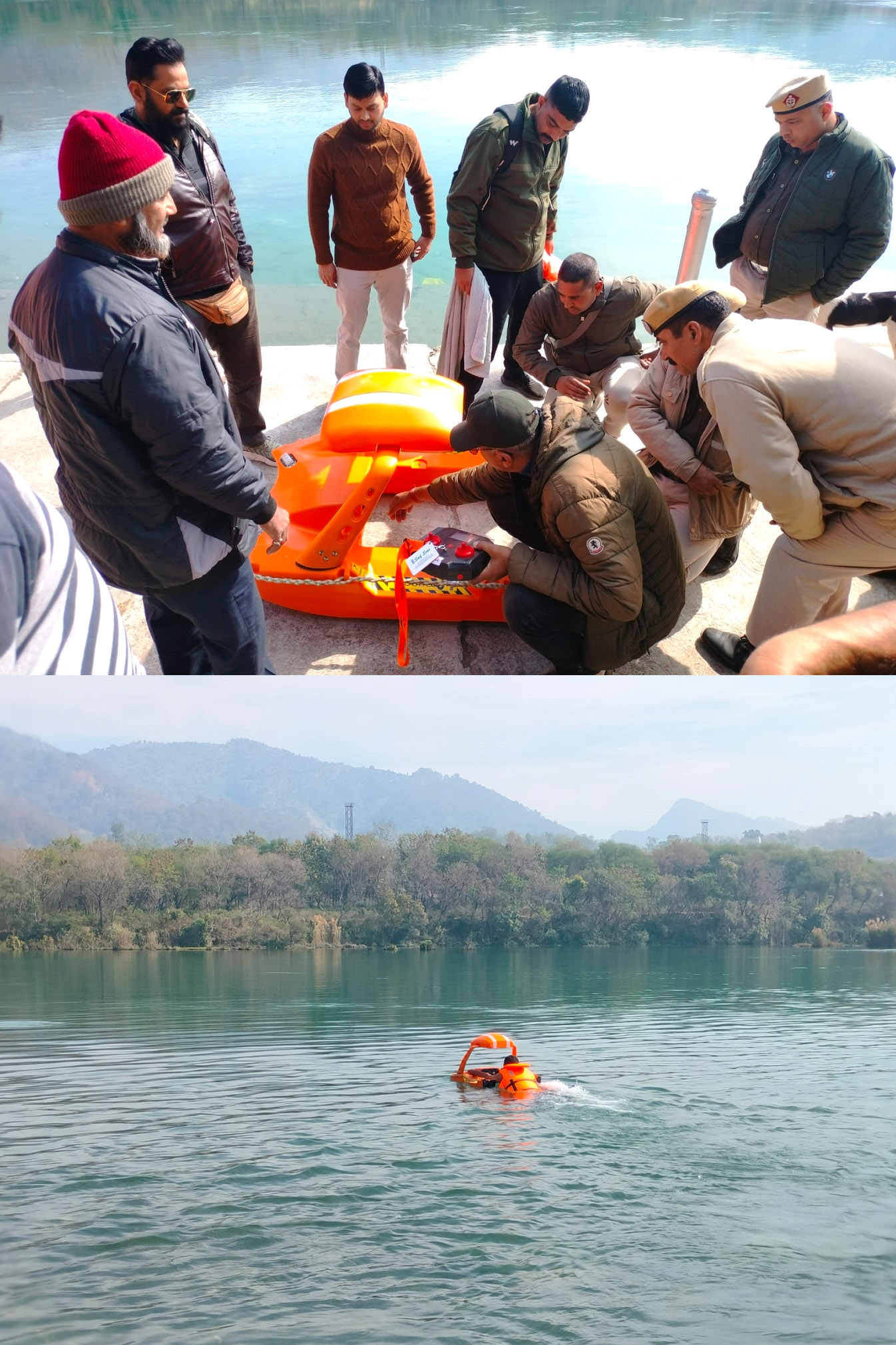 ऊना के ब्रह्मोती मंदिर घाट पर रिमोट संचालित लाइफबॉय उपकरणों का रेस्क्यू प्रदर्शन